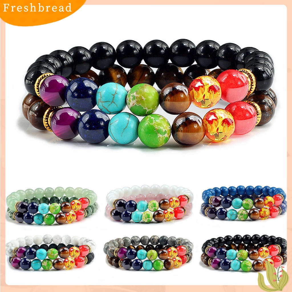 &lt; Freshbread &gt; 1pasang Gelang Manik-Manik Lapisan Ganda Tujuh Cakra Warna-Warni Alami Batu Vulkanik Pergelangan Tangan Berbagai Wanita Pria Yoga Olahraga Chakra Gelang Hadiah Pasangan