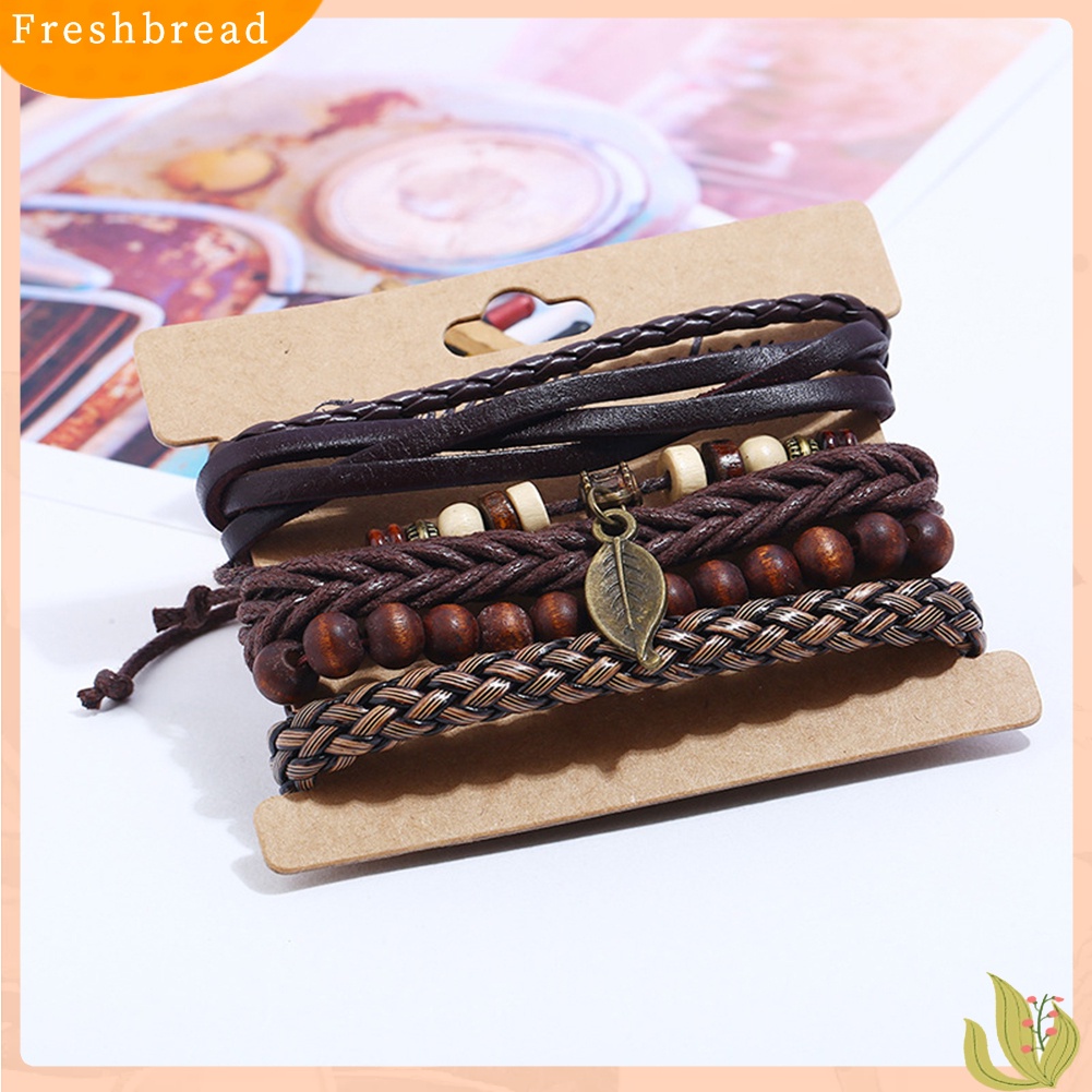 &lt; Freshbread &gt; 4Pcs/Set Pria Kulit Imitasi Daun Liontin Multi-layer Braided Bracelet Wristband