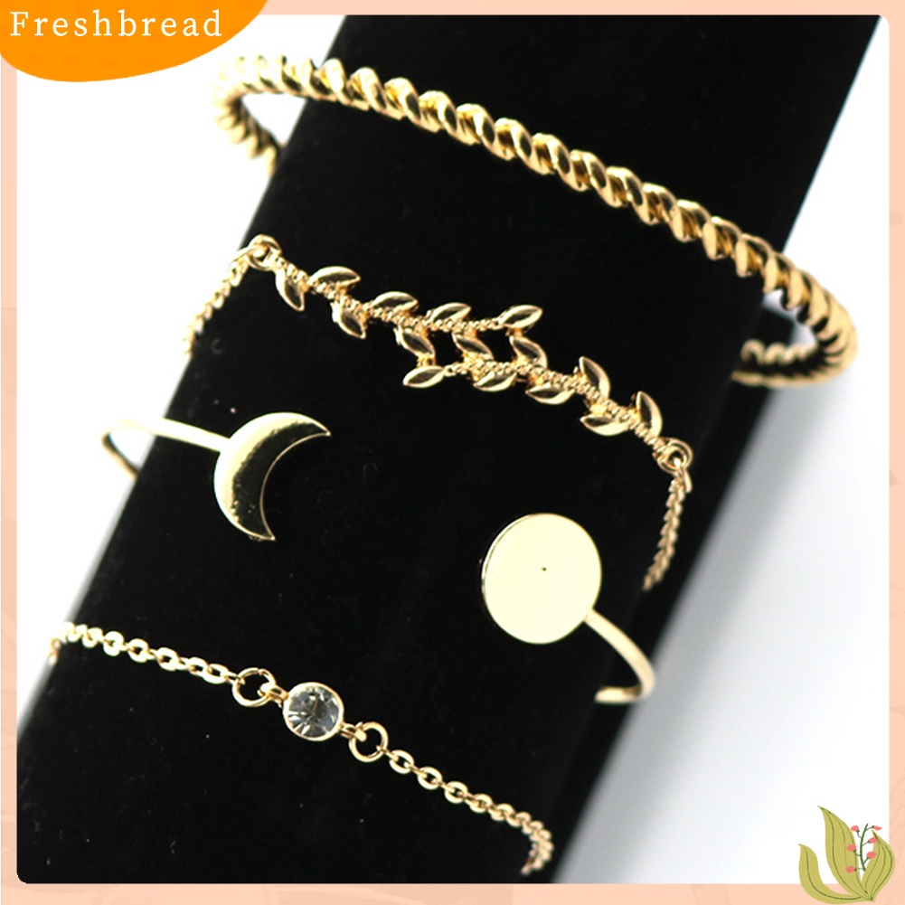 &lt; Freshbread &gt; 4Pcs/Set Wanita Fashion Bulan Memutar Terbuka Bangle Daun Berlian Imitasi Bertatahkan Gelang