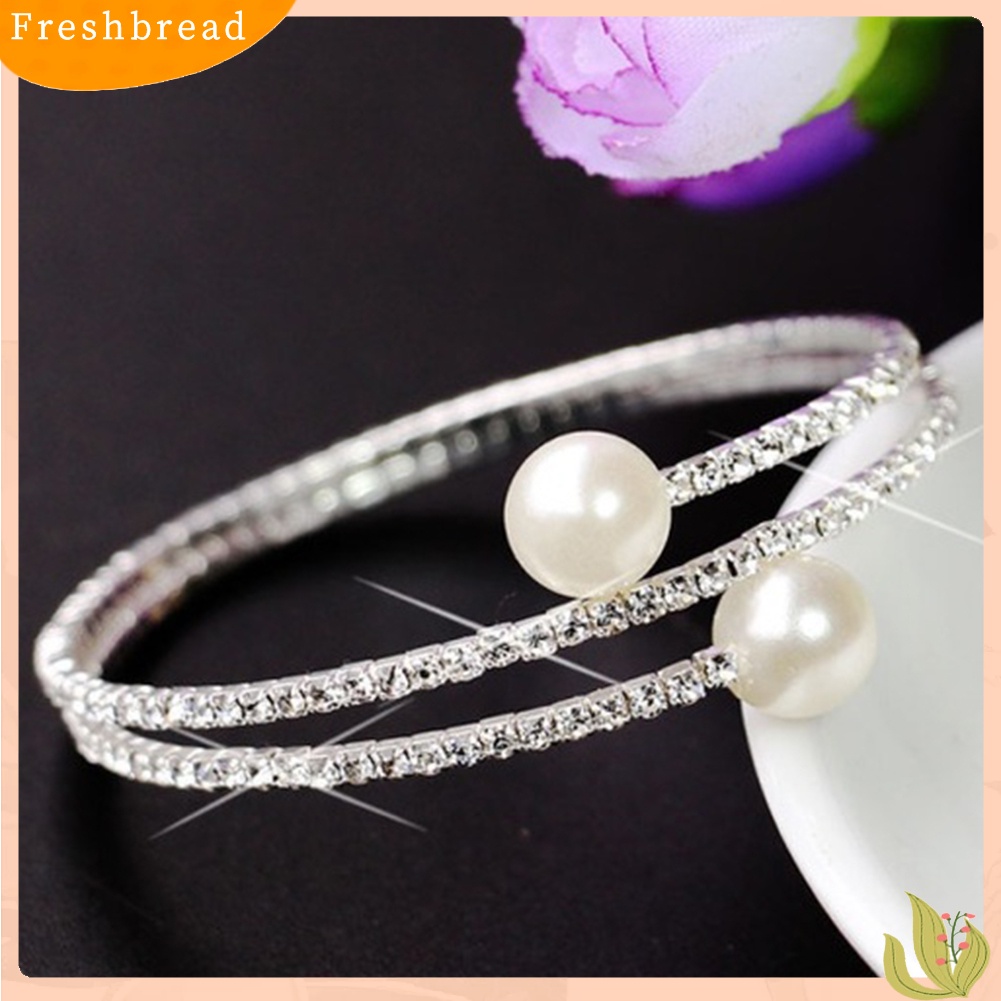 &lt; Freshbread &gt; Wanita Penuh Berlian Imitasi Multi-layer Gelang Pergelangan Tangan Mutiara Imitasi Cuff Open Bangle