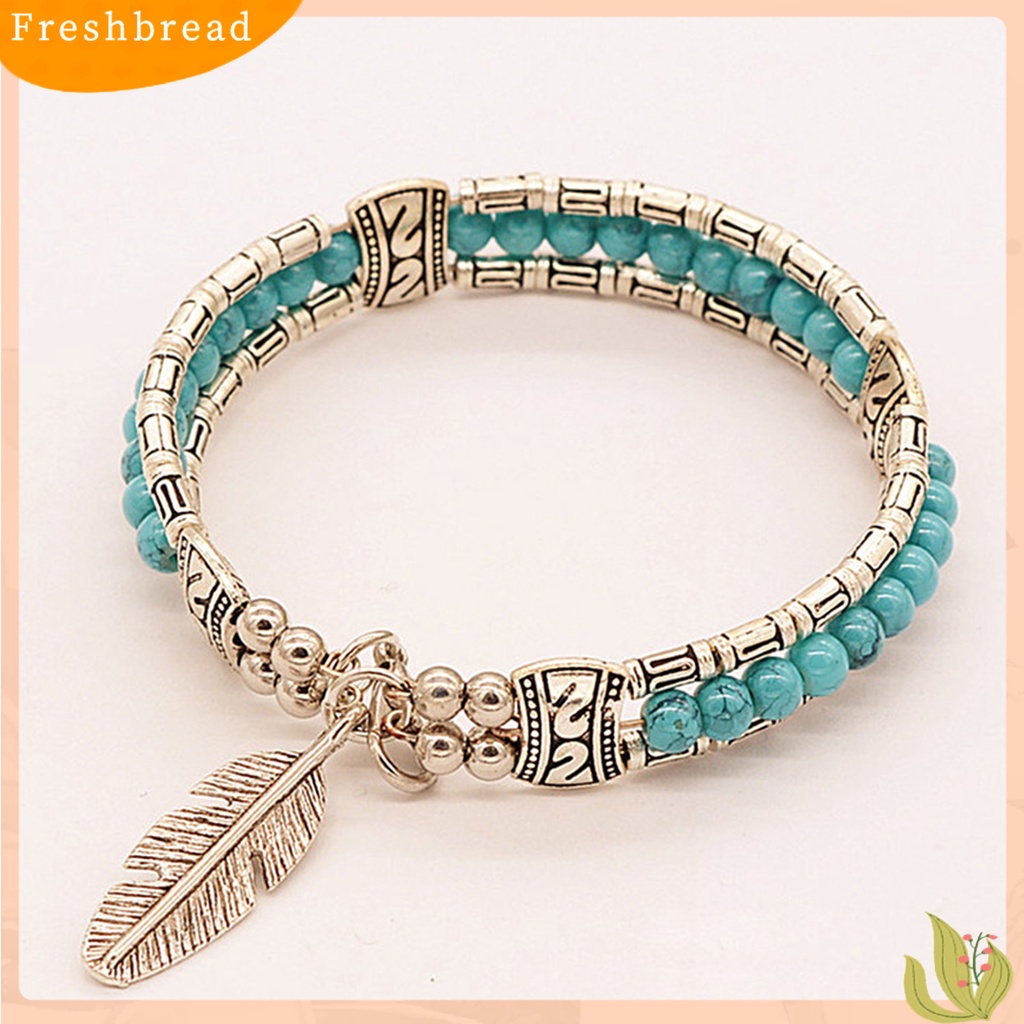 &lt; Freshbread &gt; Gelang Wanita Bentuk Bulu Bahan Alloy Imitasi Turquoise Tiga Lapis Women Bangles Untuk Hadiah