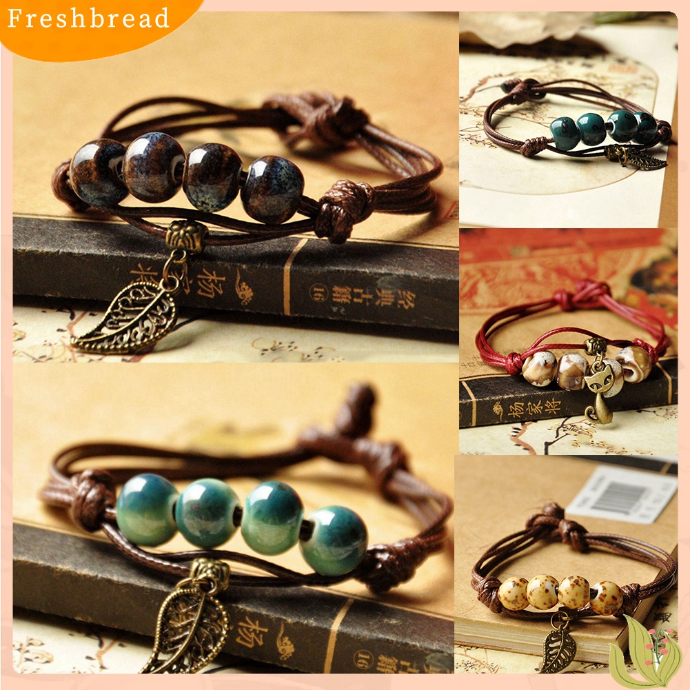 &lt; Freshbread &gt; Etnik Daun Kucing Pesona Keramik Manik-Manik Gelang Wanita Handwoven Perhiasan Hadiah