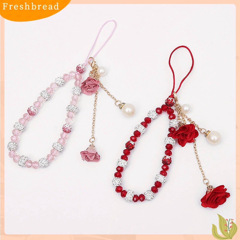 &lt; Freshbread &gt; Wanita Gelang Kristal Imitasi Manik-Manik Bunga Liontin Mutiara Imitasi Pendek Hias Portabel Lady Gelang Ponsel Tali Lanyard Aksesori Busana