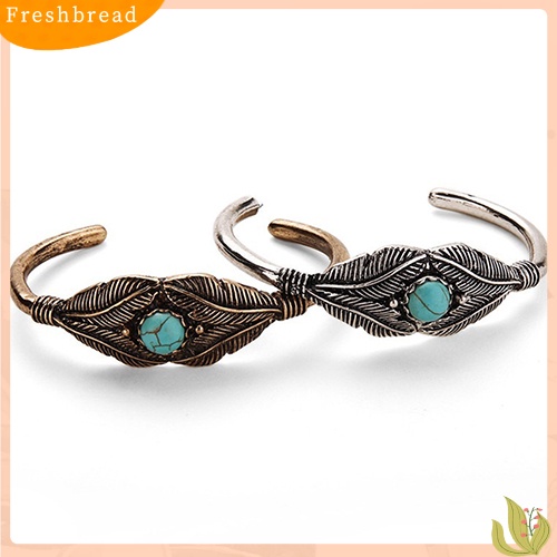 &lt; Freshbread &gt; Retro Wanita Manik Daun Bulu Alloy Ujung Terbuka Manset Bangle Boho Perhiasan Etnik