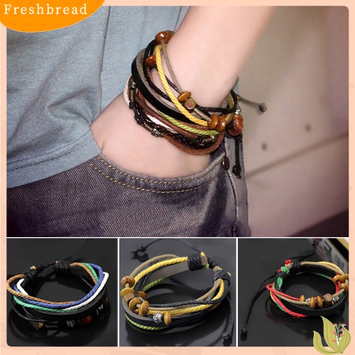 &lt; Freshbread &gt; 1Pc Unisex Chic Multi-layer Manik-Manik Rantai Tali Kulit Imitasi Charms Gelang