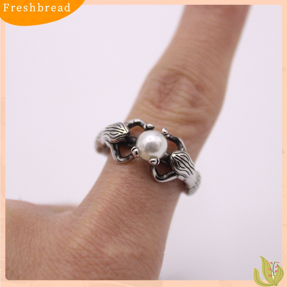 &lt; Freshbread &gt; Fashion Wanita Dua Duyung Diukir Mutiara Imitasi Bertatahkan Jari Cincin Perhiasan Hadiah