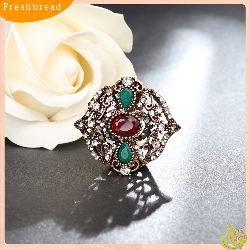 &lt; Freshbread &gt; Mewah Retro Wanita Teardrop Oval Berlian Imitasi Mengkilap Bunga Jari Cincin Perhiasan