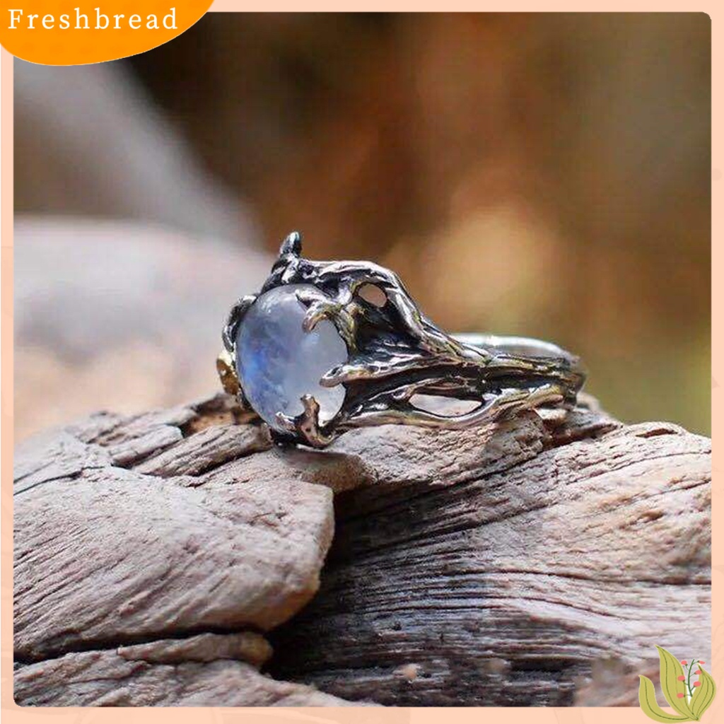 &lt; Freshbread &gt; Berongga Pernyataan Sederhana Vintage Cincin Daun Bunga Moonstone Lady Ring Perhiasan Alat Ekstra