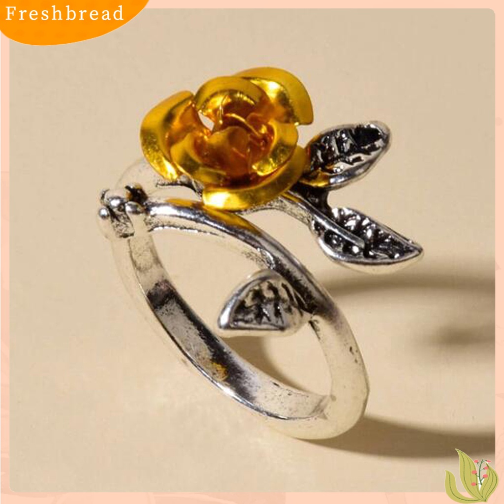 &lt; Freshbread &gt; Cincin Tunangan Two-tone Tipis Tembaga Wanita Bunga Mawar Daun Cincin Perhiasan Aksesoris