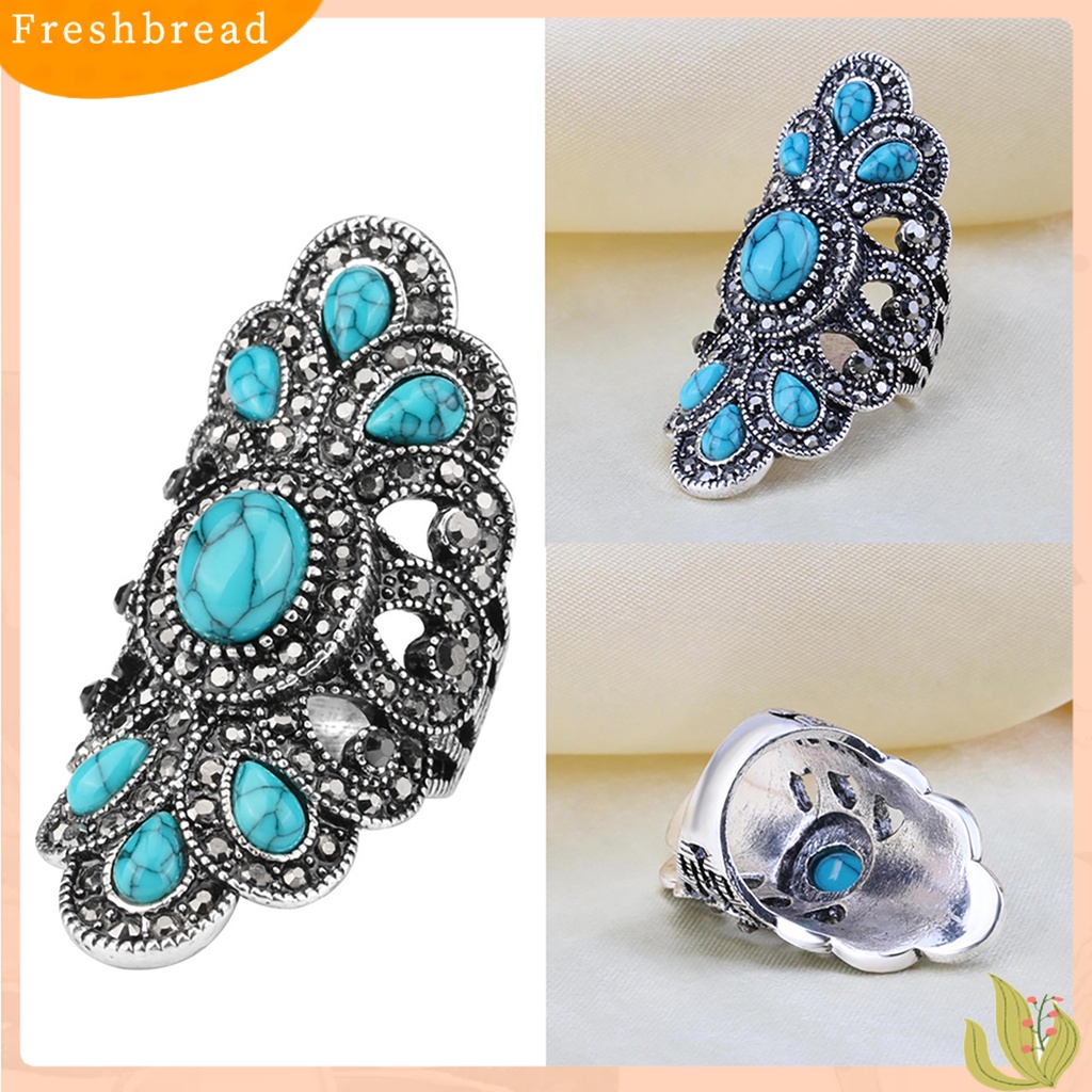 &lt; Freshbread &gt; Vintage Bertatahkan Pirus Berlian Imitasi Jari Cincin Berongga Pesta Simetris Perhiasan