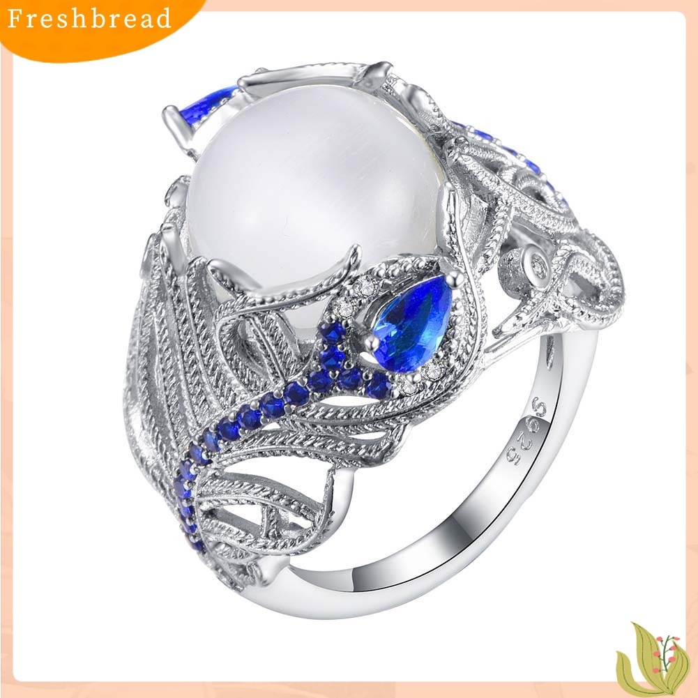 &lt; Freshbread &gt; Wanita Faux Sapphire Opal Hias Bulu Merak Jari Cincin Hadiah Perhiasan Pernikahan