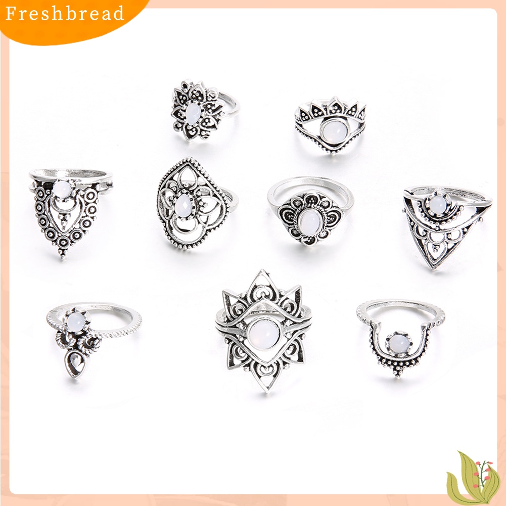 &lt; Freshbread &gt; 9Pcs/Set Retro Wanita Berongga Bunga Faux Gemstone Knuckle Midi Susun Rings Set