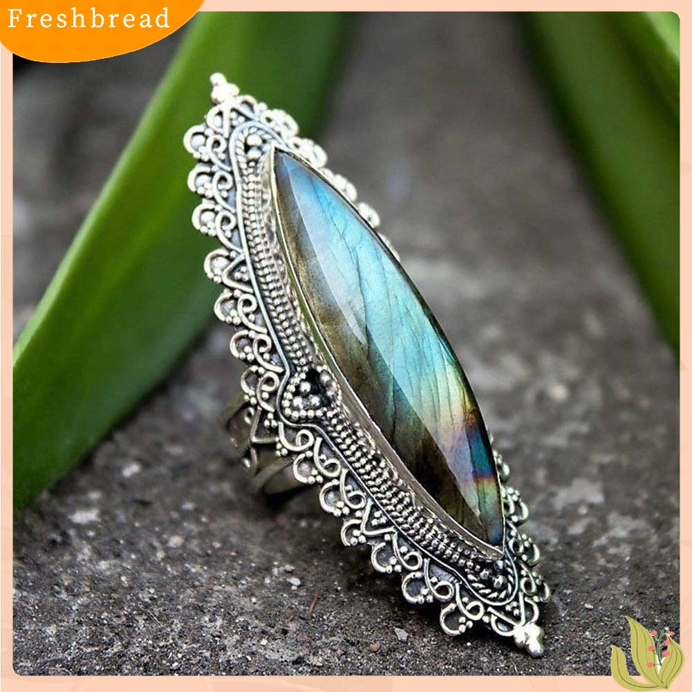 &lt; Freshbread &gt; Retro Wanita Marquise Cut Faux Labradorite Bertatahkan Gua Jari Cincin Perhiasan Hadiah