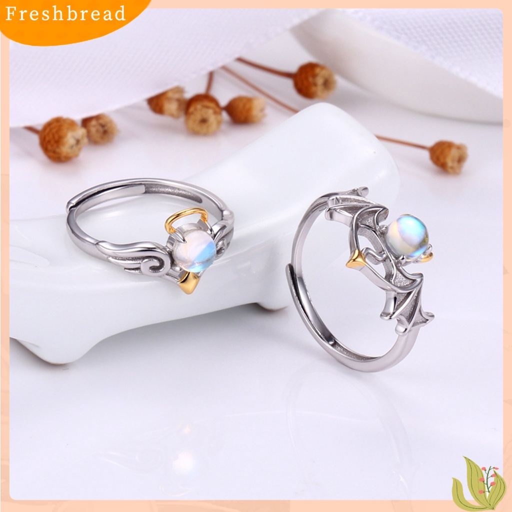 &lt; Freshbread &gt; Wanita Cincin Romantis Bersinar Faux Moonstone Desain Pembukaan Yang Dapat Disesuaikan Hadiah Hias Sayap Setan Malaikat Jari Cincin Perhiasan Pesta Untuk Kekasih