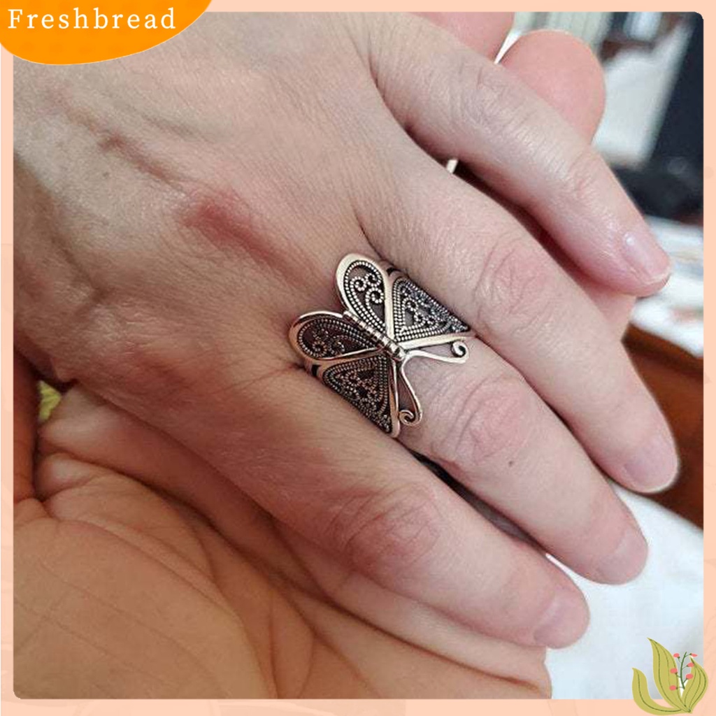 &lt; Freshbread &gt; Wanita Cincin Ukir Elegan Hypoallergenic Warna Emas Perak Retro Kupu-Kupu Jari Cincin Perhiasan Fashion