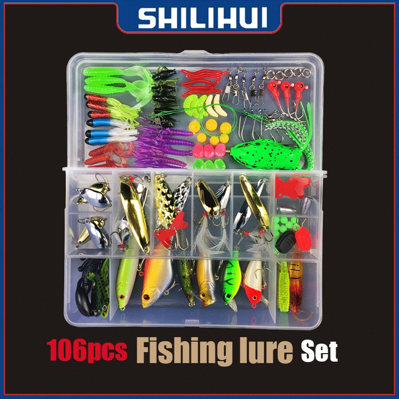 106pcs Set Umpan Pancing Fishing Tackle Box Soft Plastic Lure Umpan Campur Set Aksesoris Umpan Pancing