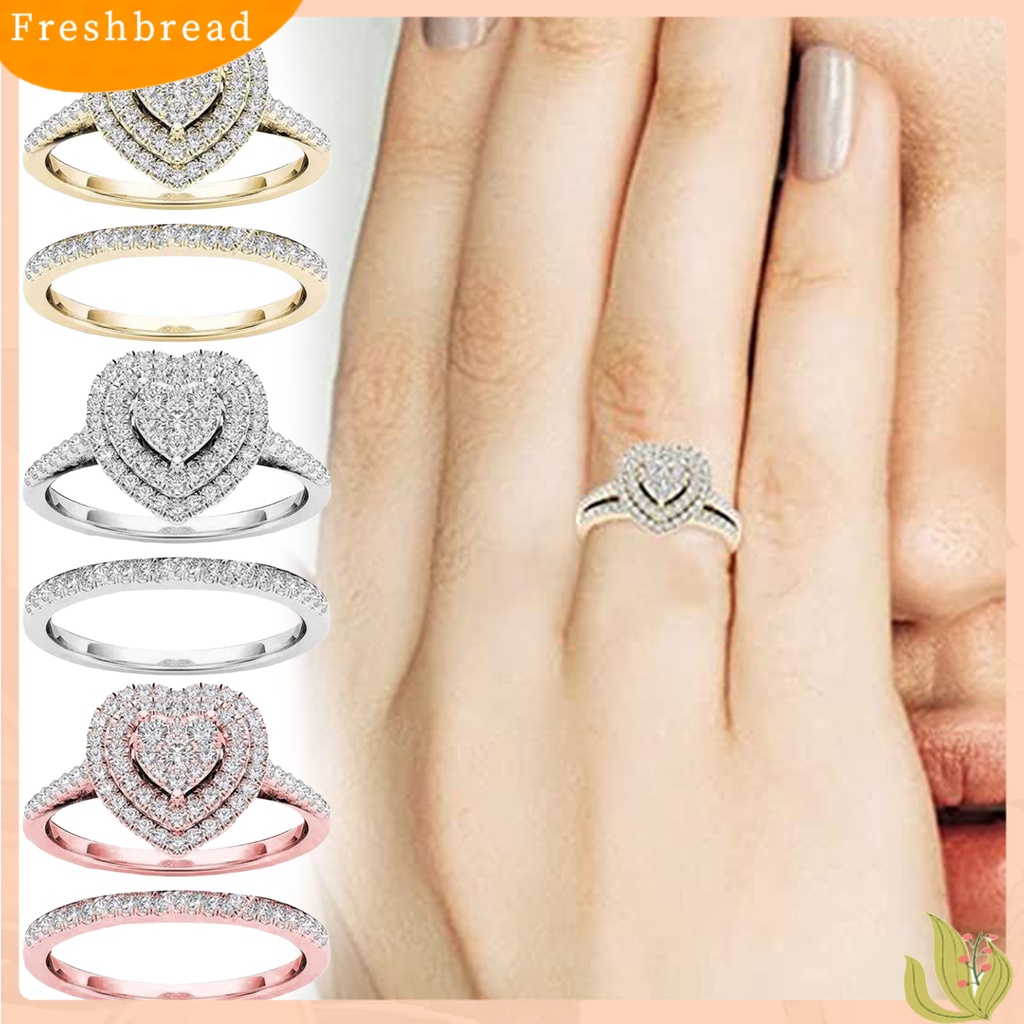 &lt; Freshbread &gt; 2Pcs/Set Cincin Menarik Hias Alloy Halus Bentuk Hati Berlian Imitasi Wanita Bridal Ring Untuk Pernikahan