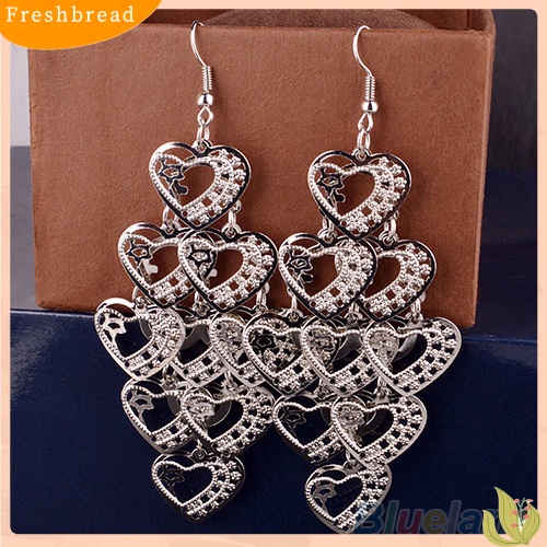 &lt; Freshbread &gt; Fashion Wanita Berongga Multilayer Manis Hati Menjuntai Kait Anting Panjang Perhiasan