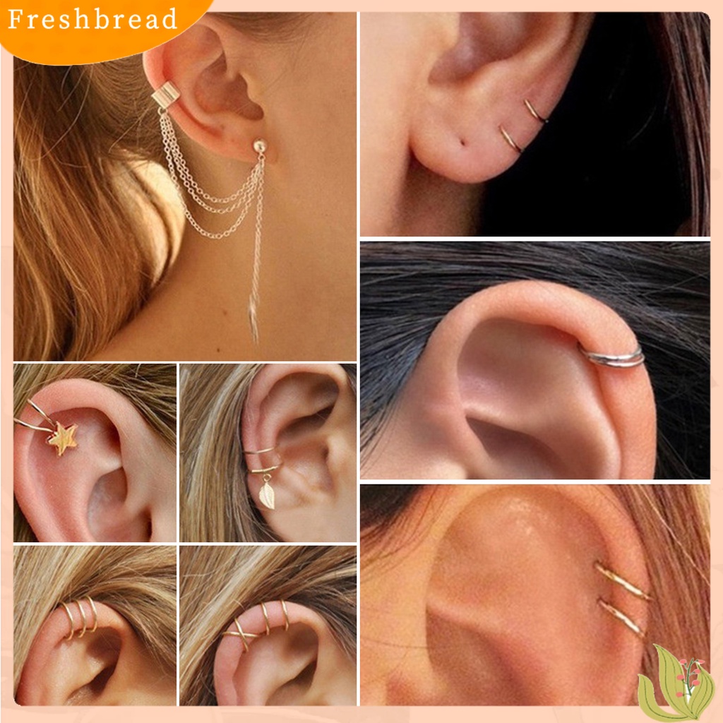 &lt; Freshbread &gt; 7pcs/Set Klip Telinga Set Warna Solid Bulat Gaya Hip-hop Bentuk Daun Anting Huggie Rumbai Panjang Untuk Pakaian Sehari-Hari
