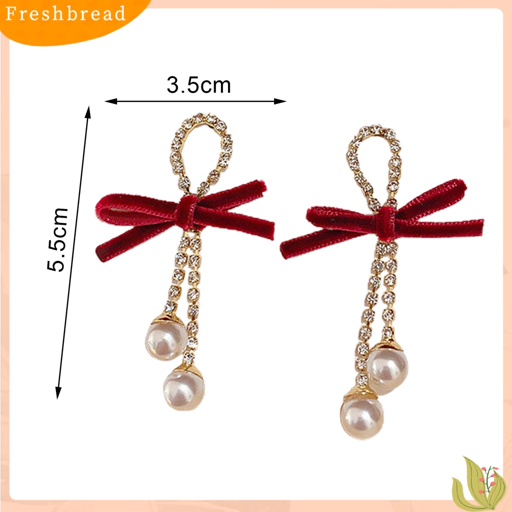 &lt; Freshbread &gt; 1pasang Anting Menjuntai Busur Mutiara Imitasi Wanita Berlian Imitasi Mengkilap Jumbai Anting Stud Untuk Pacaran