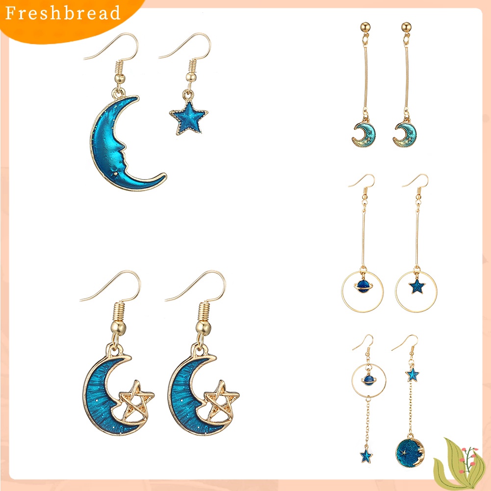 &lt; Freshbread &gt; Biru Matahari Bulan Bintang Rumbai Menjuntai Kait Telinga Wanita Fashion Anting Perhiasan Hadiah