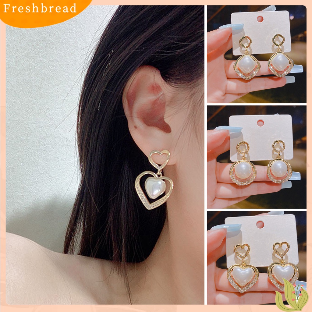 &lt; Freshbread &gt; 1pasang Anting Pejantan Bling Berlian Imitasi Cincin Berongga Elegan Berbentuk Hati Mutiara Imitasi Drop Earrings Aksesoris Perhiasan