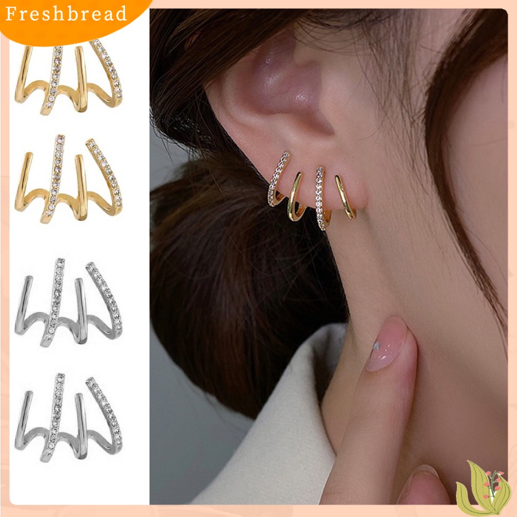 &lt; Freshbread &gt; 1pasang Anting Tusuk Empat Cakar Baris Berlian Imitasi Perhiasan Fashion Penampilan Gaya Korea Stud Telinga Manset Untuk Pakaian Sehari-Hari