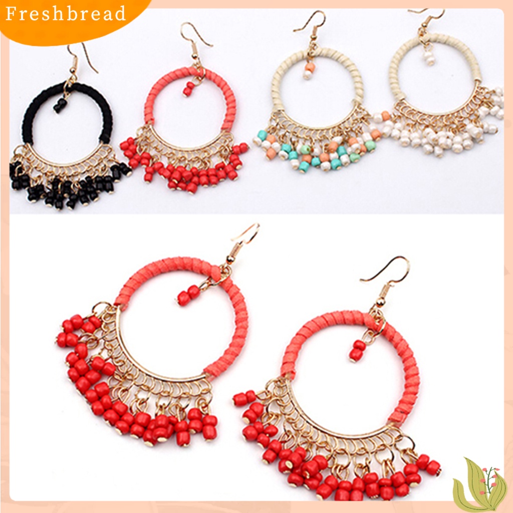 &lt; Freshbread &gt; 1pasang Anting Gaya Boho Manik-Manik Rumbai Desain Alloy Anting Kait Menjuntai Untuk Pakaian Sehari-Hari