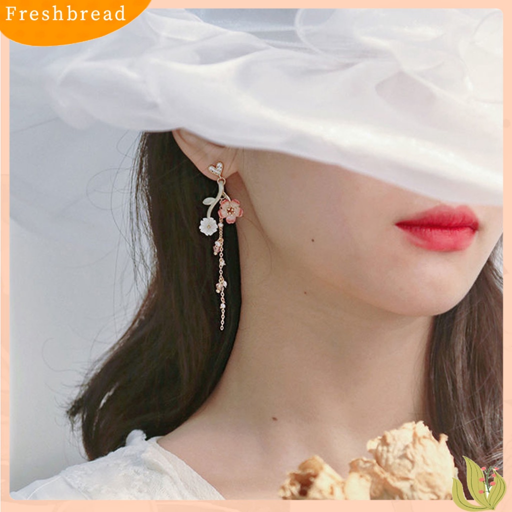 &lt; Freshbread &gt; 1pasang Drop Earrings Cherry Rhinestones Perhiasan Rumbai Panjang Bunga Menjuntai Anting Hadiah Ulang Tahun