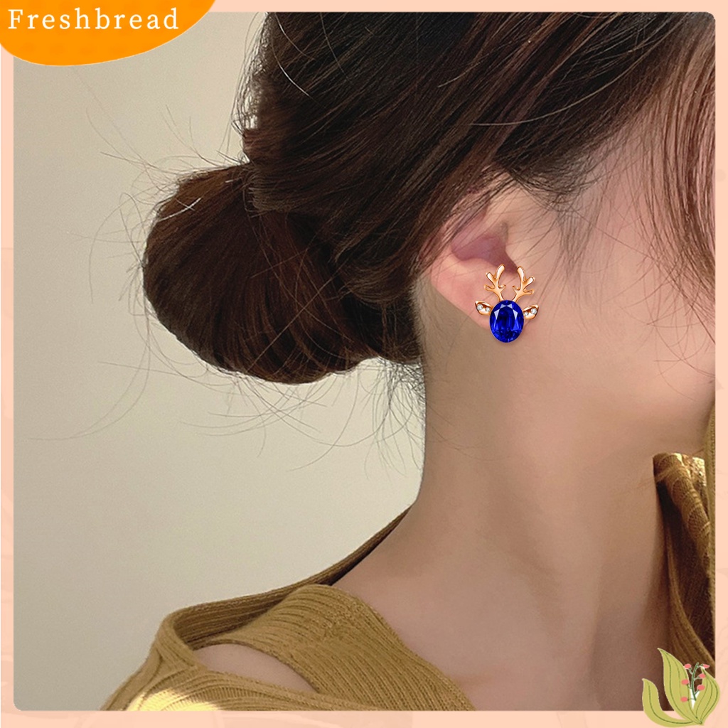 &lt; Freshbread &gt; 2Pcs Natal Ear Studs Boho Faux Gemstone Shiny Rhinestone Hias Festival Hadiah Xmas Tanduk Stud Anting Wanita Perhiasan Pesta Untuk Tahun Baru