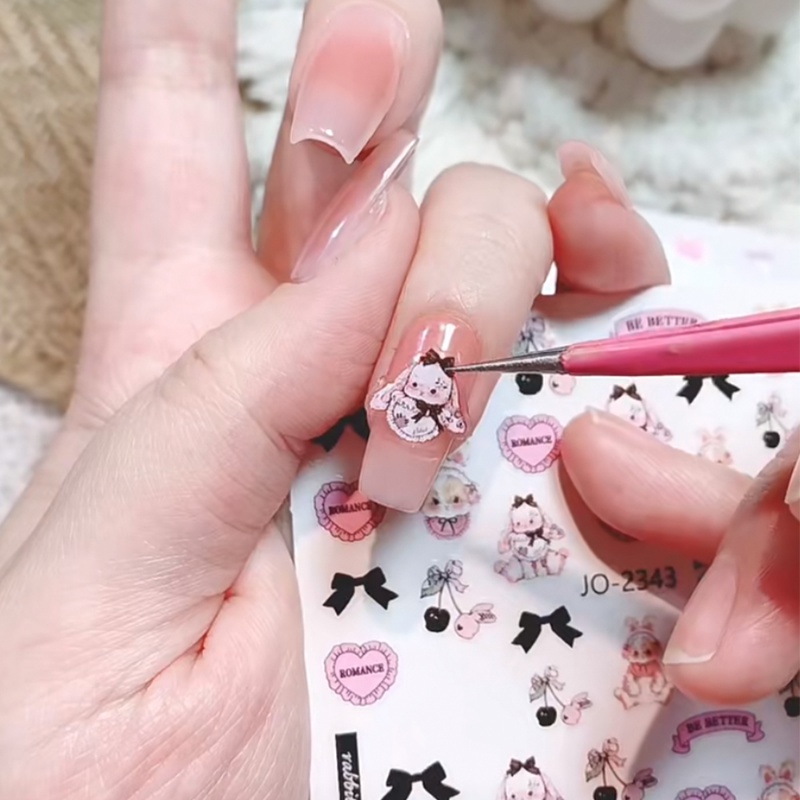 Lolita Lucu 3D Pola Kelinci Kuku Decals Kartun Ikatan Simpul Bunny DIY Nail Art Stiker Perekat Diri Manicure Dekorasi Accesoires