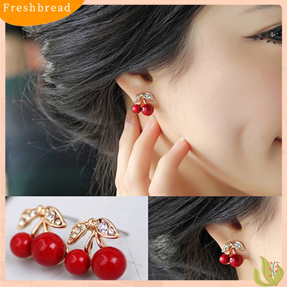 {In Stock} Wanita Merah Cherry Bening Berlian Imitasi Telinga Studs Beads Golden Alloy Leaves Earrings