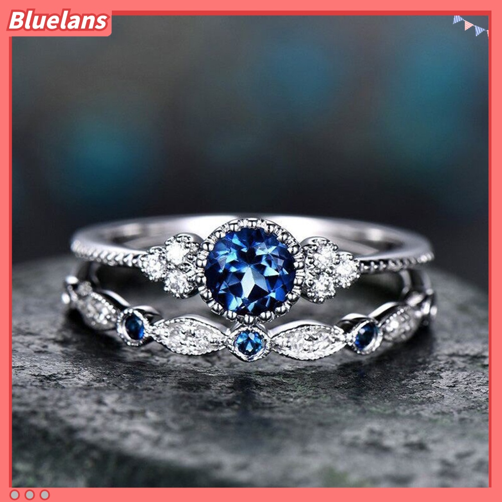 {In Stock} 2Pcs/Set Wanita Berlian Imitasi Potongan Bulat Cubic Zirconia Jari Cincin Perhiasan Pernikahan