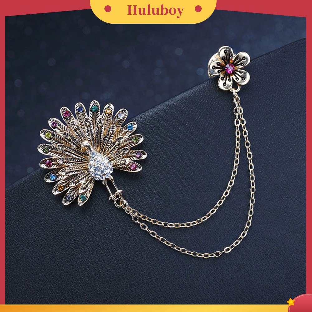 {Ready Stock} Wanita Cubic Zirconia Hias Merak Bunga Rantai Ganda Rumbai Bros Pin Hadiah