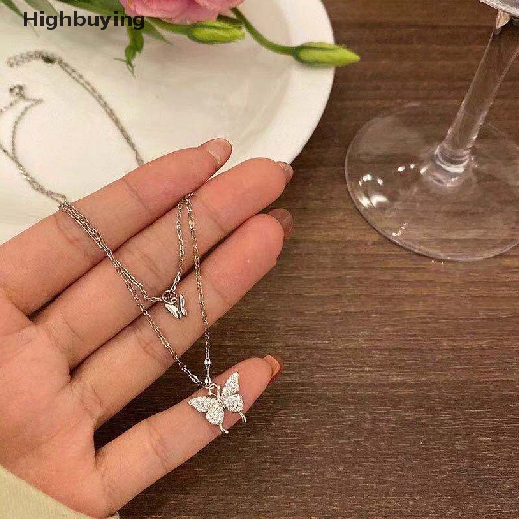 Hbid Butterfly Double-Deck Kalung Shiny Drill Pendant Ladies Rantai Klavikula Elegan Glory