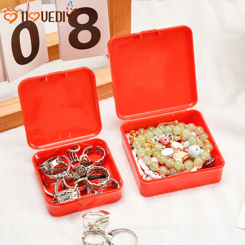 [Unggulan] Mudah Dibawa Cincin Anting Tahan Debu Case Mini Kotak Penyimpanan Plastik Kotak Persegi Merah Travel Jewelry Organizer Case Tipe Flip-top Barang Kecil Wadah Organizer