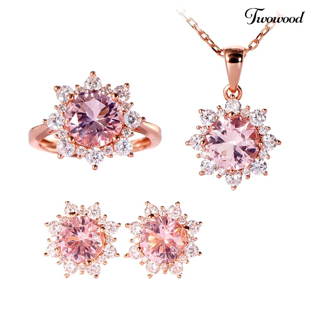 Twowood Wanita Cubic Zirconia Snowflake Pendant Kalung Stud Anting Cincin Set Perhiasan