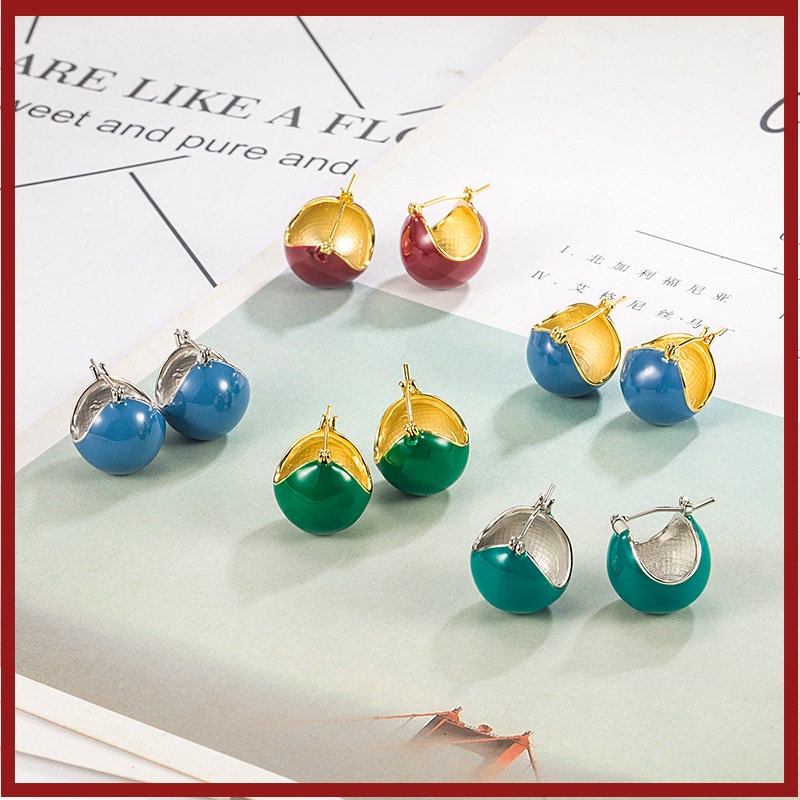 Anting Bulat Bulat Bulat Emas Kecil Enamel Berwarna Retro Modis U1228