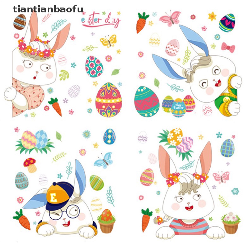 [tiantianbaofu] Stiker Jendela Kaca Happy Easter Colorful Bunny Eggs Wall Sticker 25x35cm Butik
