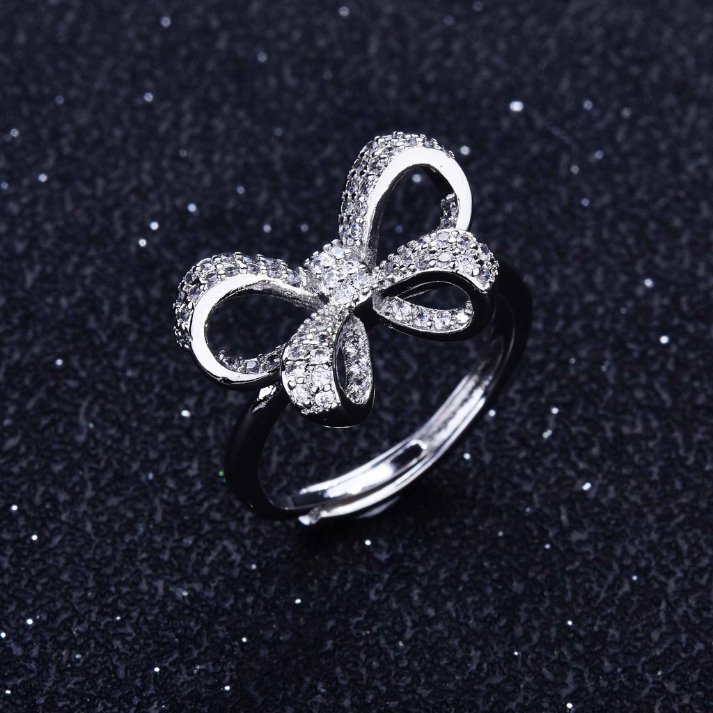 Goldkingdom Aksesoris Perhiasan Fashion Ready Stock Desain Kecil Cincin Berlian Mikro Super Abadi Stereo Busur Cincin Wanita Penuh Berlian Cincin Yang Dapat Disesuaikan