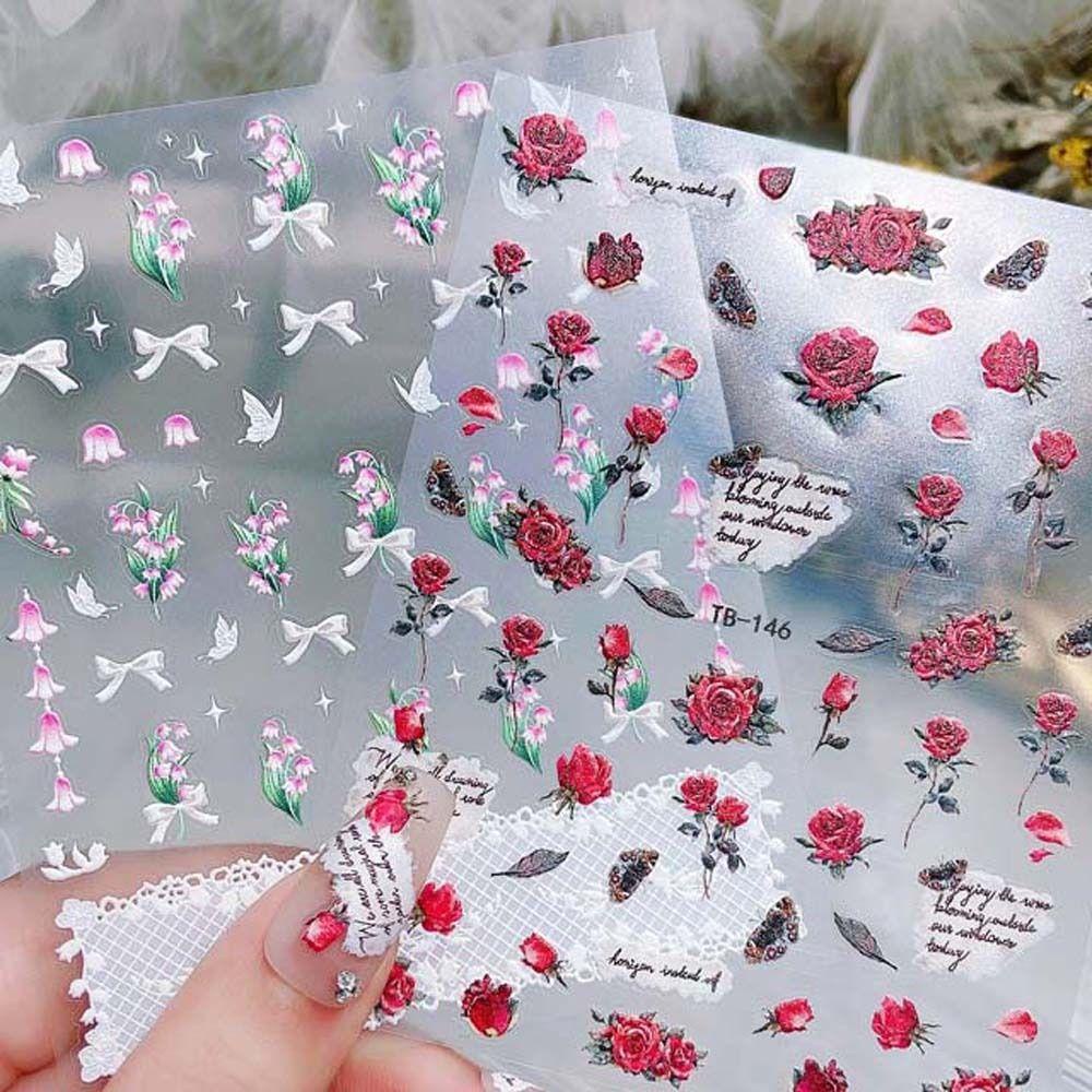 MXBEAUTY Flowers Nail Stickers Women Spring Japanese Style Tulip Bowknot Self Adhesive Nail Decorations