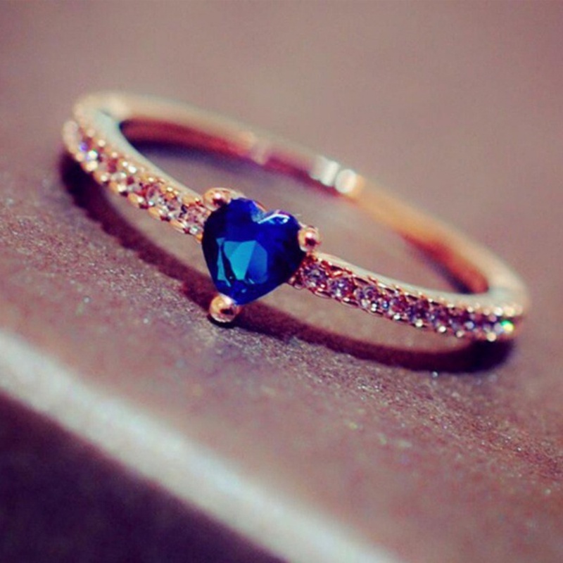 Goldkingdom Aksesoris Perhiasan Fashion Ready Stock Jantung Cincin Berlian Biru In Rose Gold Plating
