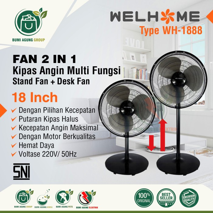 Kipas Angin 18 inch 2in1 Tinggi Pendek WELHOME WH-1888 Berdiri Stand  SNI TERMURAH