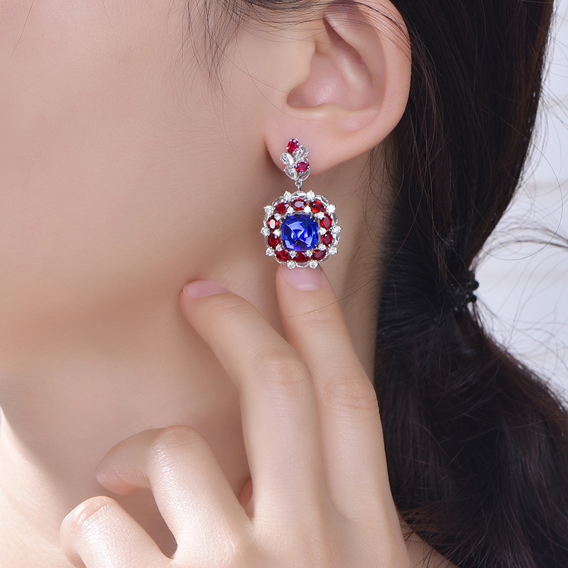 Goldkingdom Fashion Perhiasan Aksesoris Ready Stock Definisi Tinggi Perhiasan Desainer's Alami Tanzanite Sugar Tower Earrings Ruby Earrings Anting Panjang