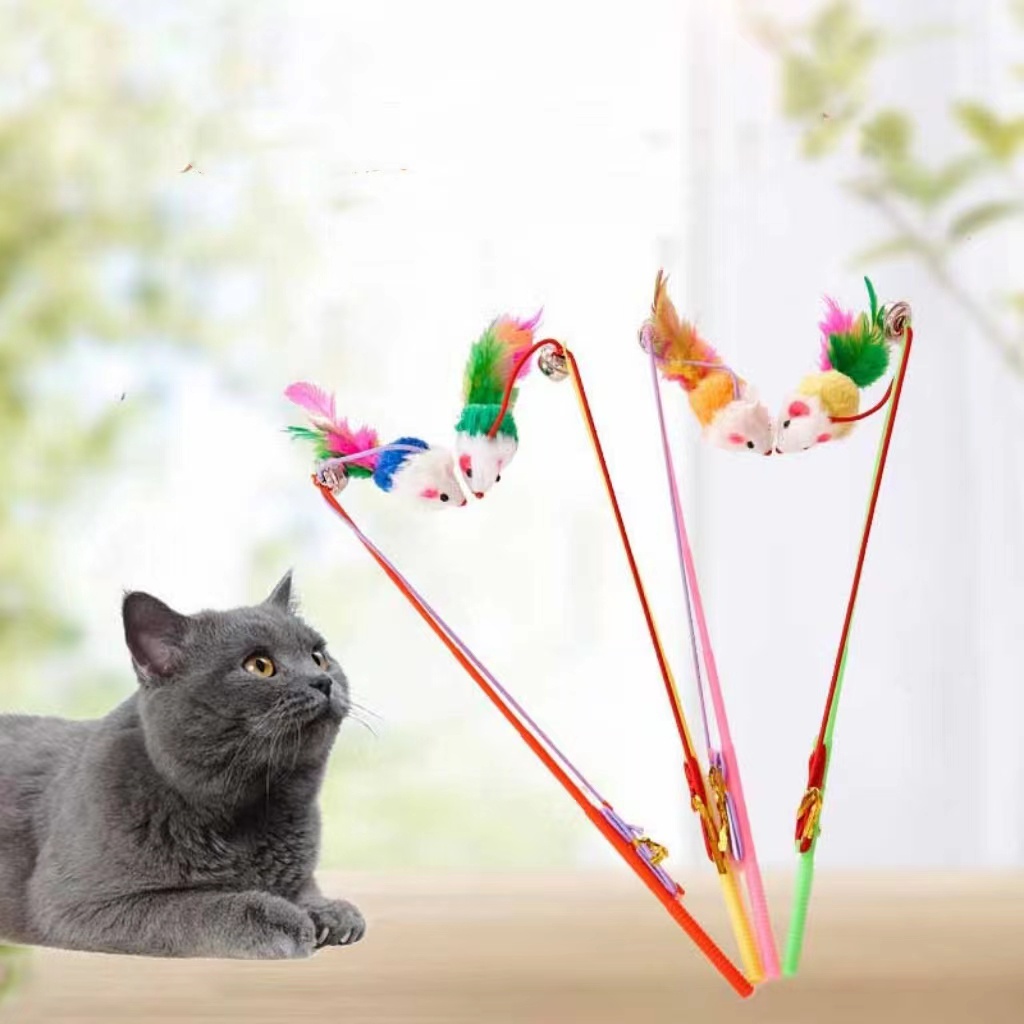 Mainan Kucing Stick Tikus Lonceng Bulu Cat Toys Tongkat