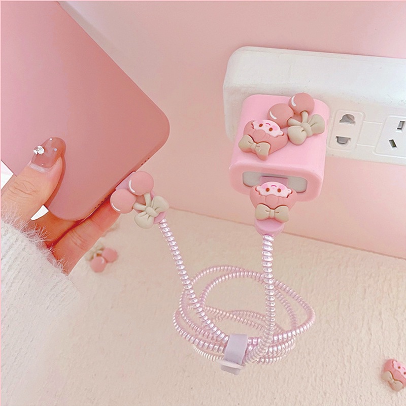 IPHONE Casing Pelindung Charger Silikon Lembut/Kartun Gadis Ceri Anti Putus Kabel Data Spiral Winder/Penutup Pelindung Colokan Charger Untuk Charger Iphone5 /18 /20W