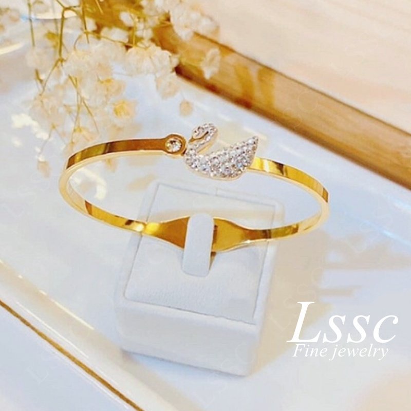 Gelang Titanium Wanita Anti Karat Angsa Swan Permata Cantik Emas 18K Dewasa Bangle Fashion Korea Aksesoris Perhiasan