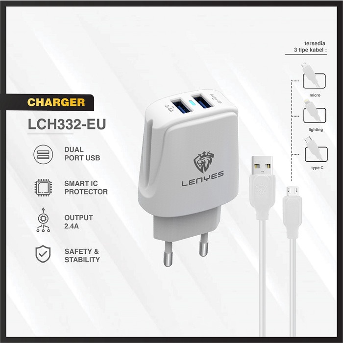 LENYES LCH332 EU 2.4A 2 adaptor usb dengan kabel charger original - TYPE C original kabel cable casan travel charger tc android usb charger micro usb type c batok kepala charger