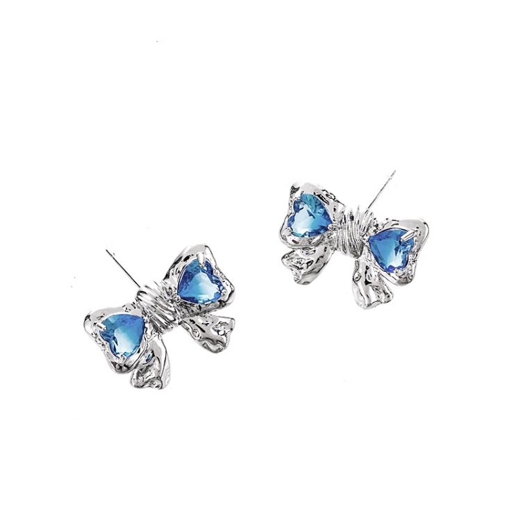 Dreamy Mercury Hati Biru Zirkon S925 Perak Disepuh Stud Earrings Ins Bow Knot Ear Studs