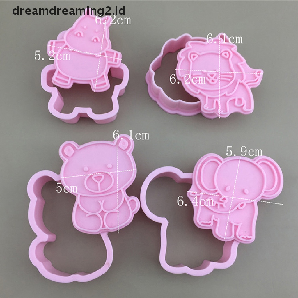 (hot) 4pcs/set Kartun Gajah Singa Hippo Bear Hewan Cookie Cutter Biskuit Baking Buah Dapur Kue Cetakan Alat Embos Pring Fondant Kue Pastry Mold//